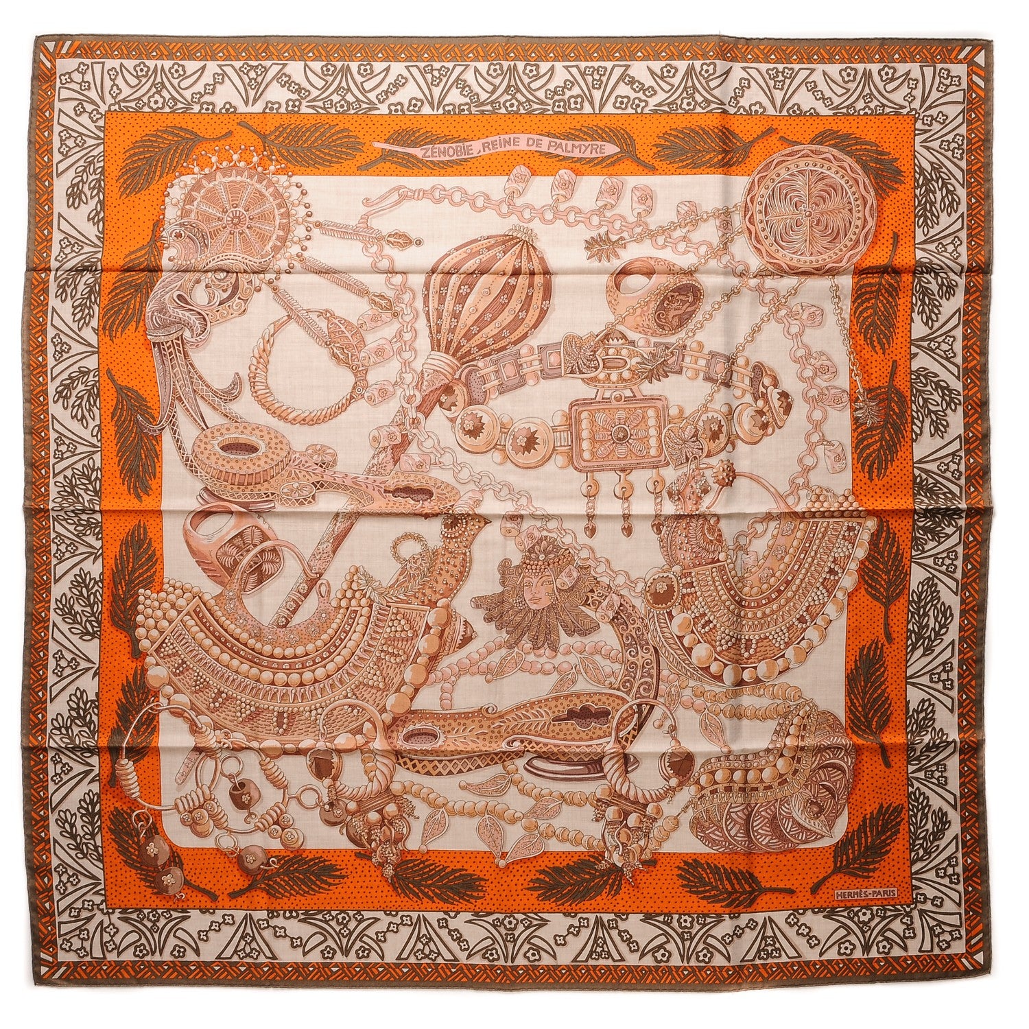 Hermes Cashmere Silk Zénobie Reine De Palmyre 140 Natural Terracotta Vert 1 of 8