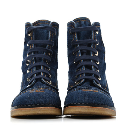 Chanel Denim Lace Up Boots 40.5 Navy Blue 2 of 4