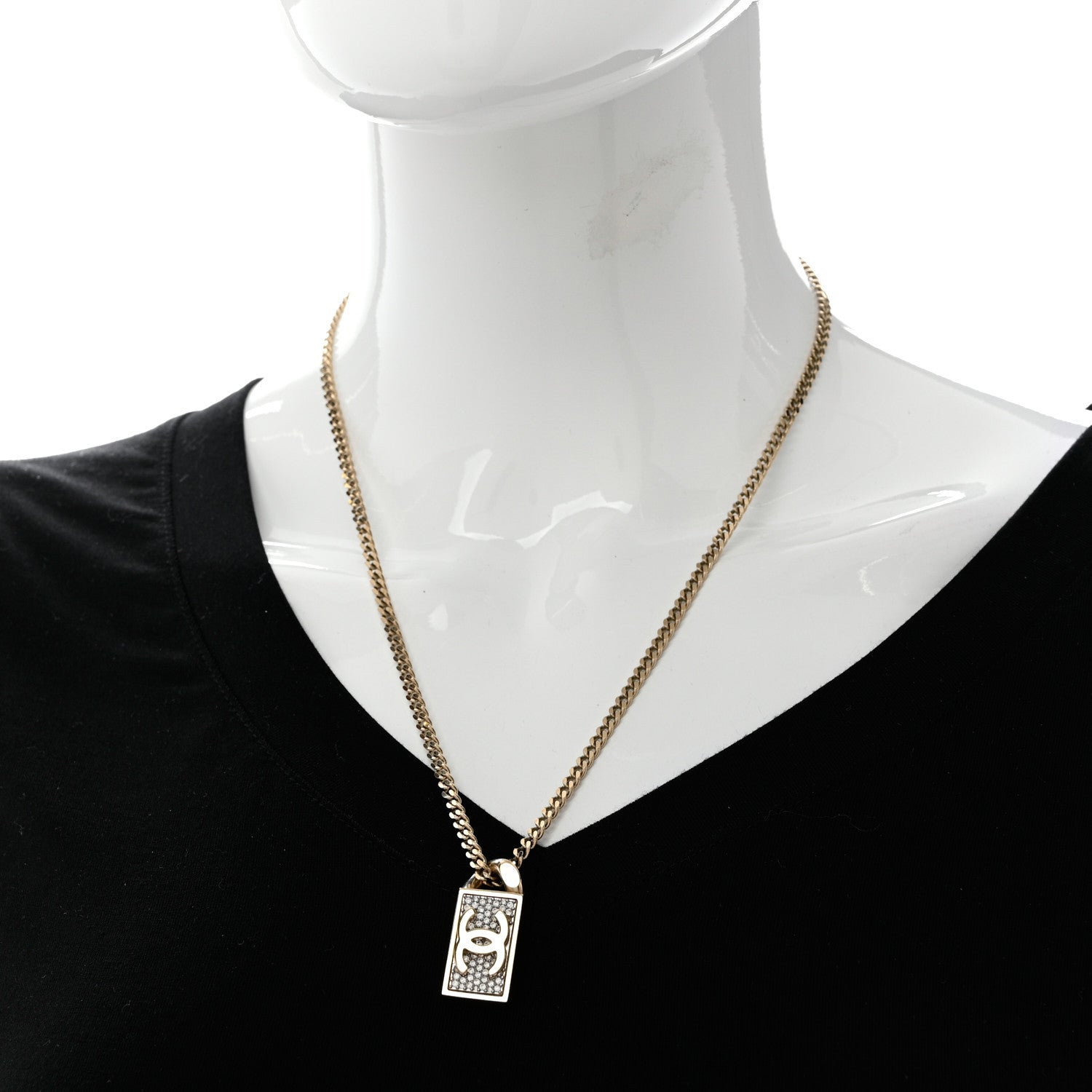 Chanel Crystal Dog Tag Charm Necklace Gold 1 of 5