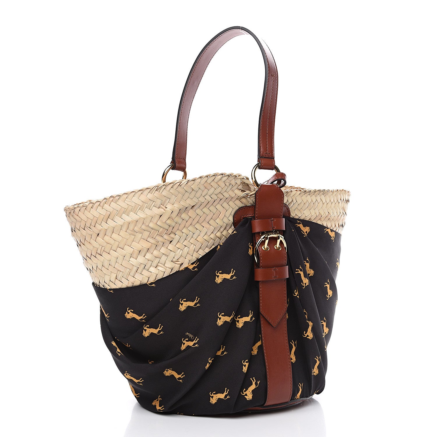 Chloe Smooth Calfskin Raffia Little Horses Medium Panier Basket Black Yellow 2 of 9
