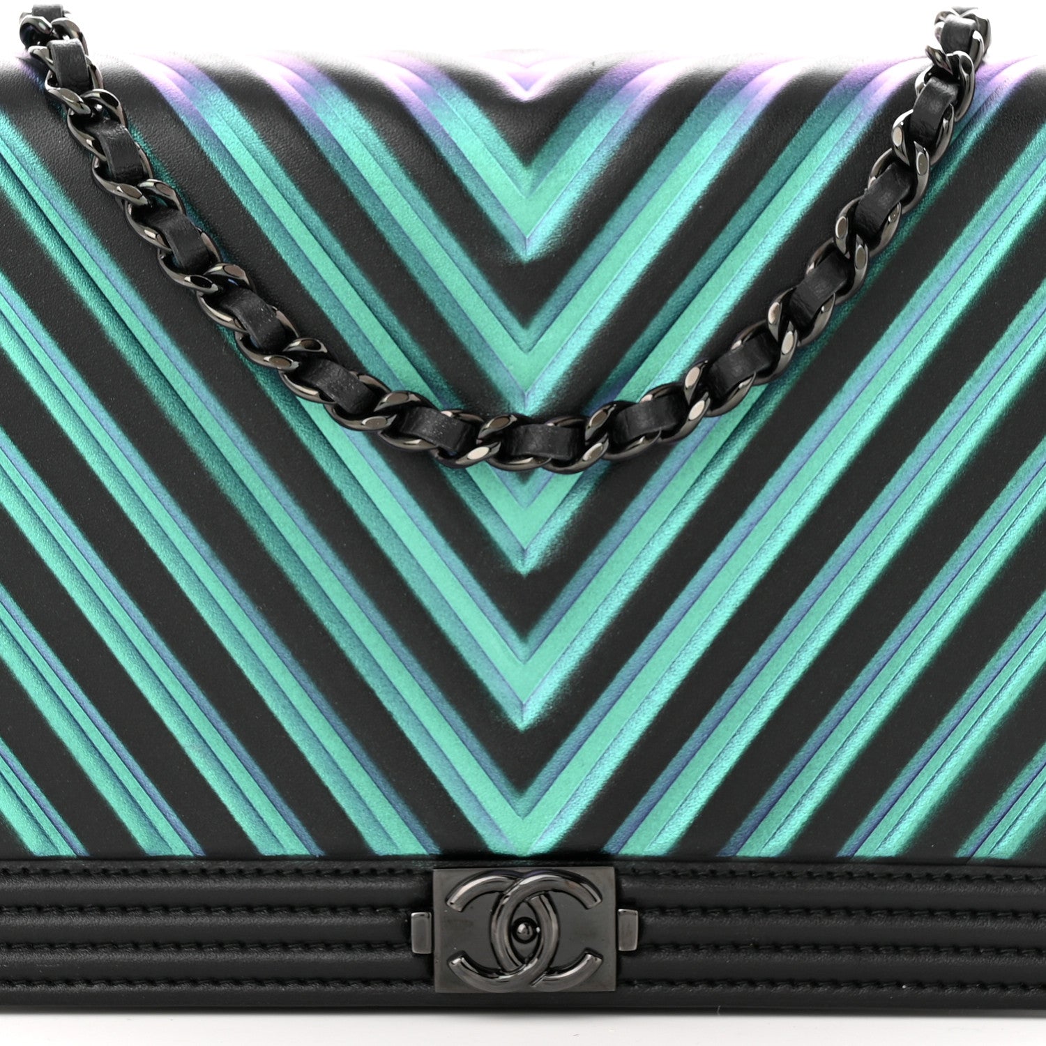 Chanel Calfskin Painted Chevron Embossed Boy Wallet On Chain WOC Black 9 of 15