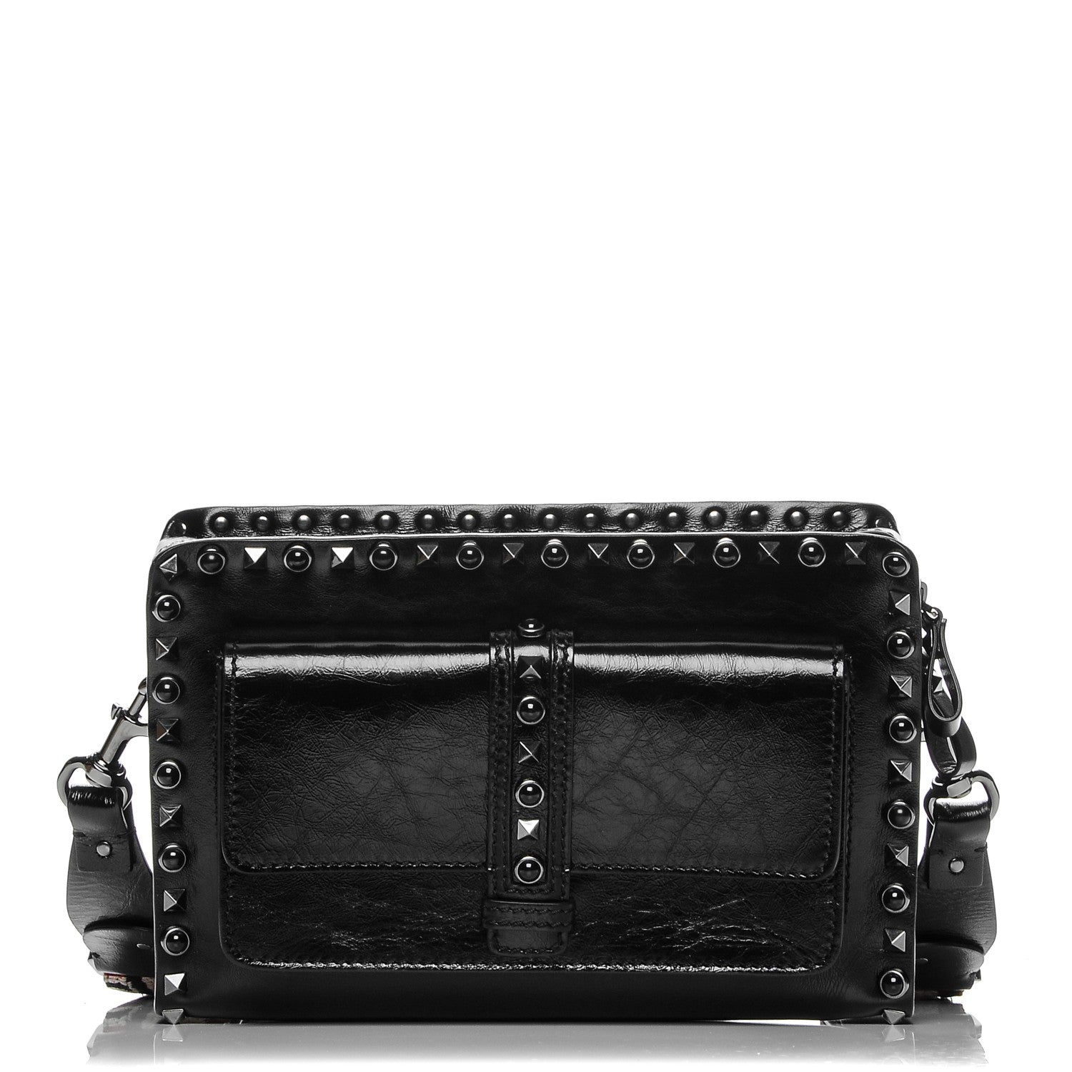 Valentino Garavani Craquele Calfskin Small Guitar Strap Rockstud Rolling Flap Pocket Shoulder Bag Black 1 of 7