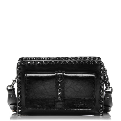 Valentino Garavani Craquele Calfskin Small Guitar Strap Rockstud Rolling Flap Pocket Shoulder Bag Black 1 of 7