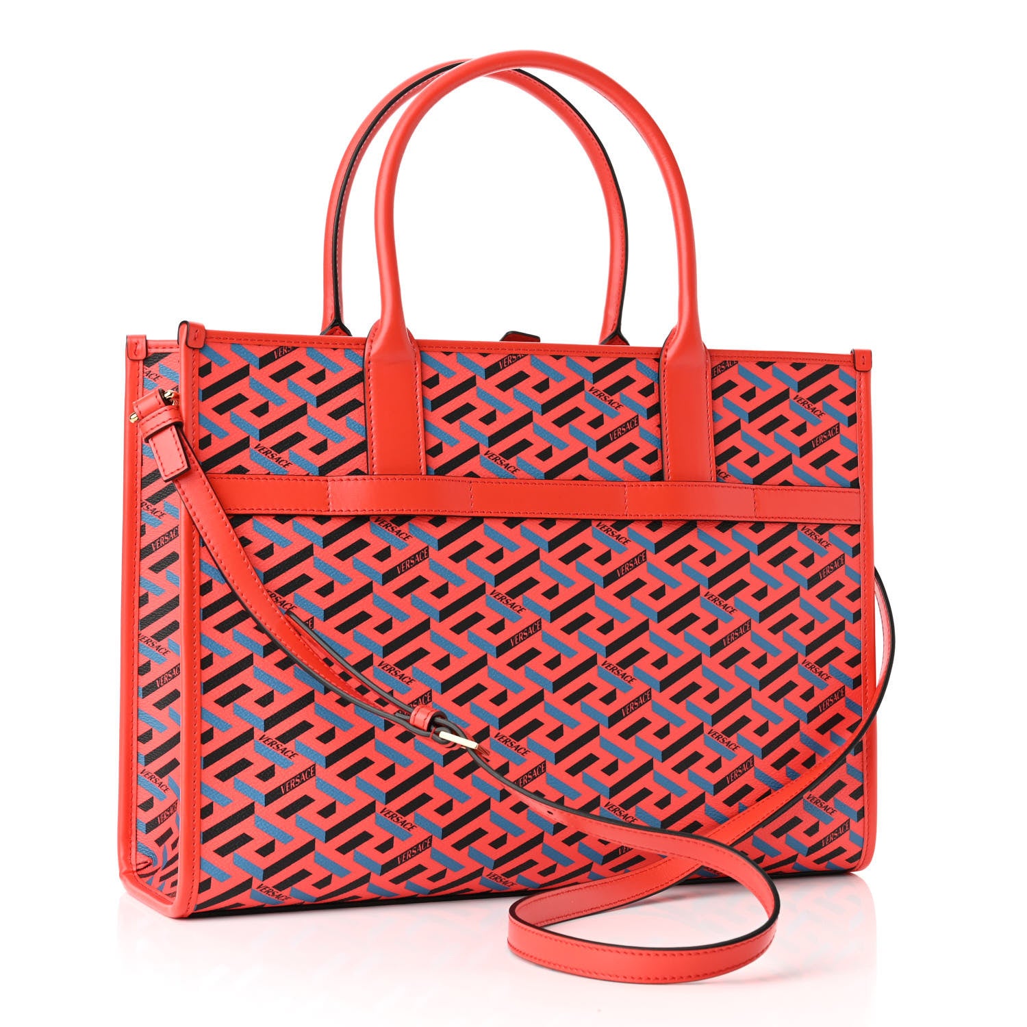 Versace Coated Canvas Calfskin La Greca Signature Tote Bag Blue Red 3 of 9