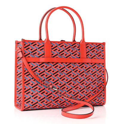 Versace Coated Canvas Calfskin La Greca Signature Tote Bag Blue Red 3 of 9