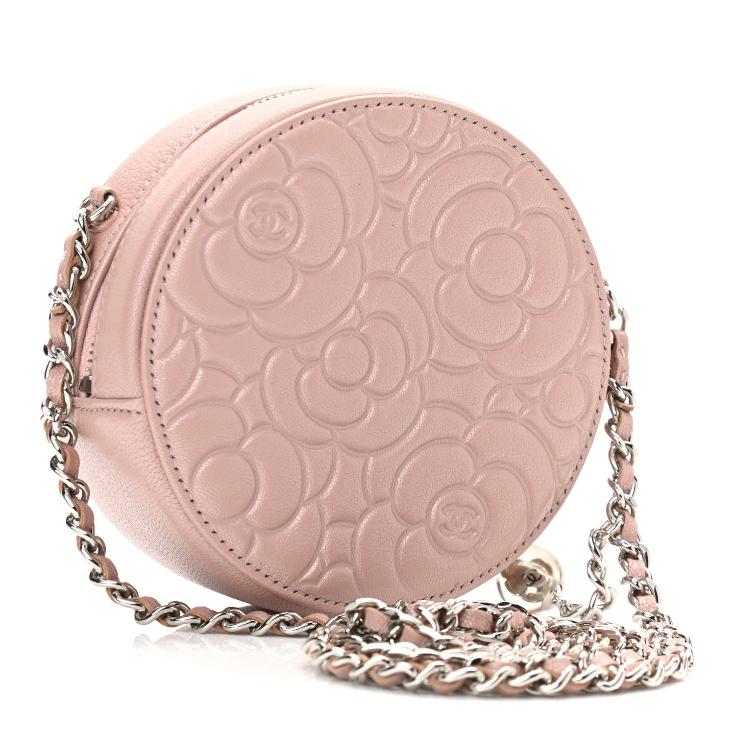 Chanel Goatskin Camellia Quilted Round Clutch With Chain Light Pink 3 of 11