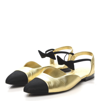 Chanel Laminated Lambskin Grosgrain Cap Toe Bow Flats 38.5 Gold Black 3 of 10