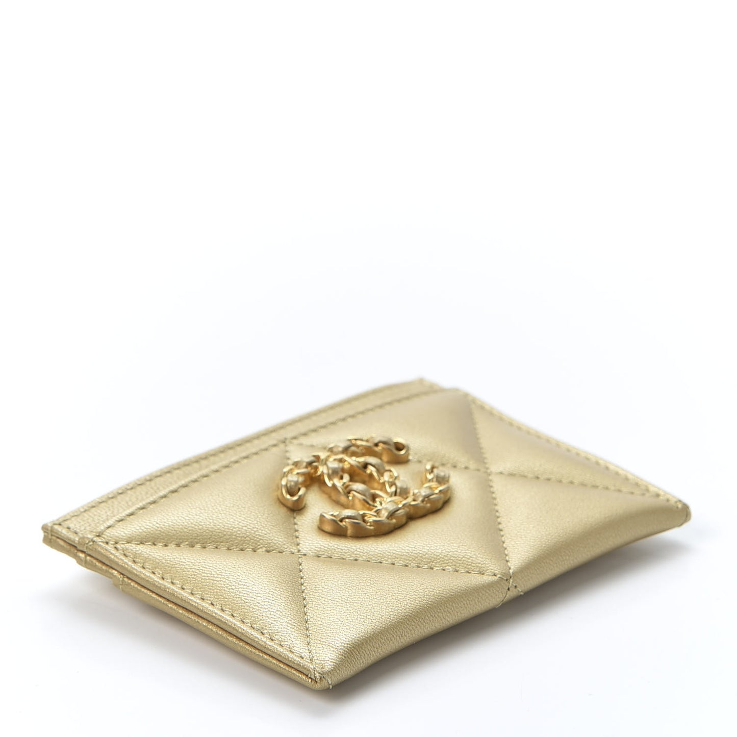 Metallic Goatskin Quilted Chanel 19 Card Holder Gold