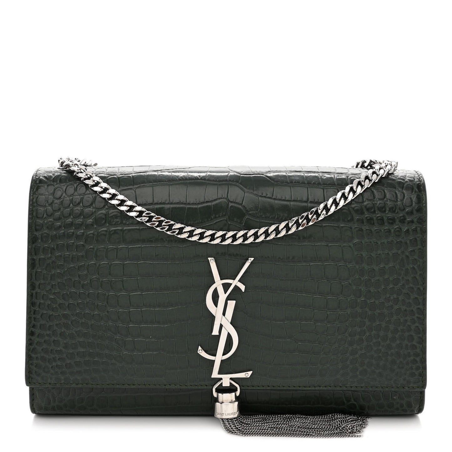 Calfskin Crocodile Embossed Medium Classic Monogram Kate Tassel Satchel Dark Mint