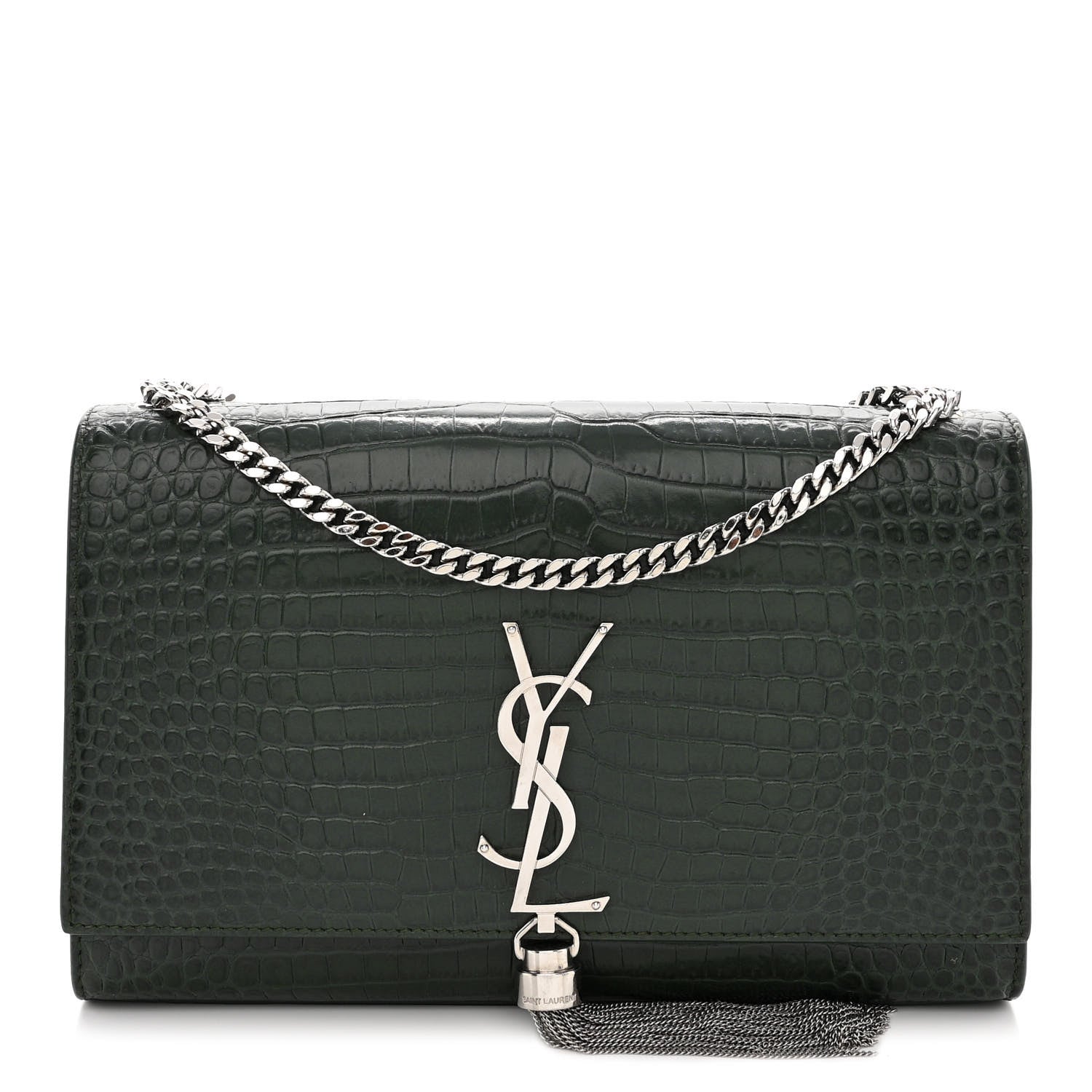 Saint Laurent Calfskin Crocodile Embossed Medium Classic Monogram Kate Tassel Satchel Dark Mint 1 of 10