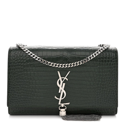 Saint Laurent Calfskin Crocodile Embossed Medium Classic Monogram Kate Tassel Satchel Dark Mint 1 of 10