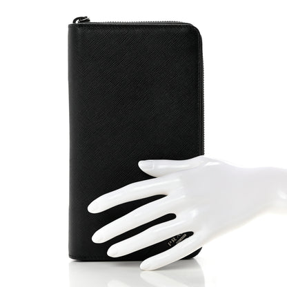 Prada Saffiano Metal Large Zip Around Travel Wallet Black 2 of 10