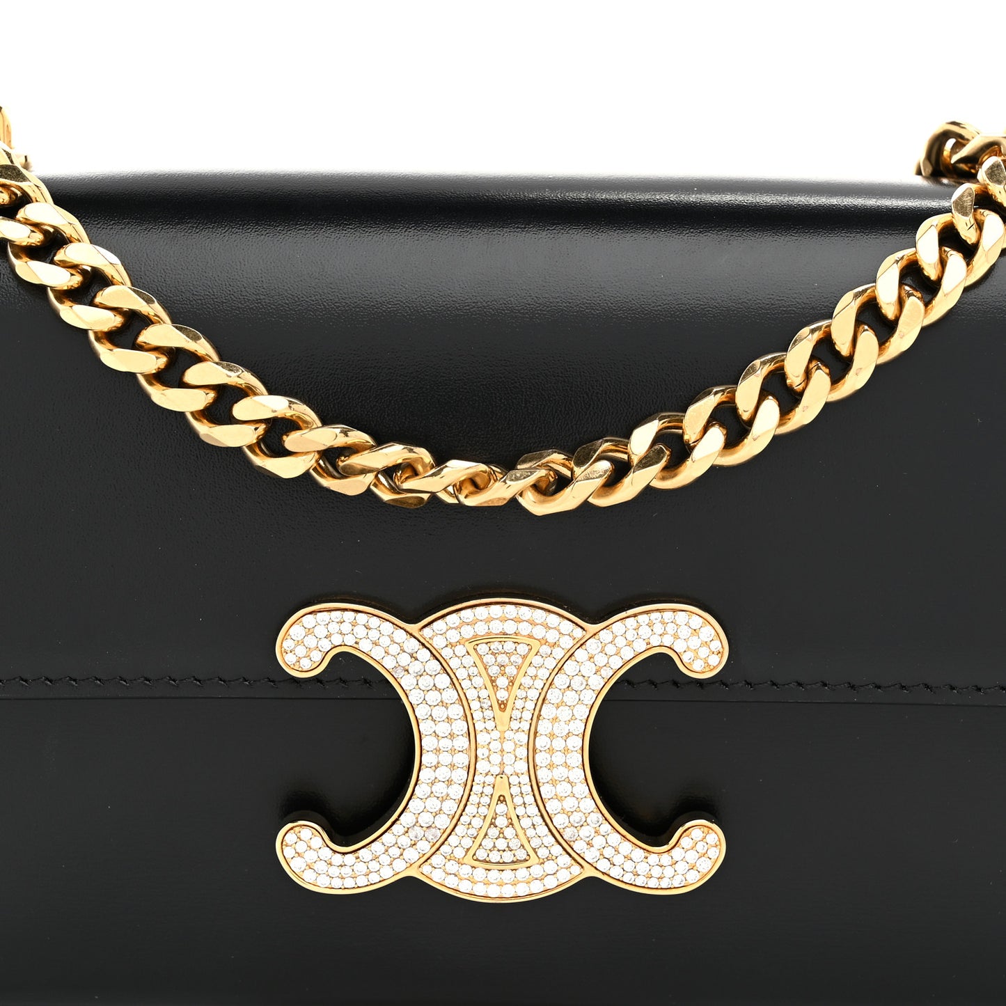 Shiny Calfskin Triomphe Crystals Chain Shoulder Bag Black