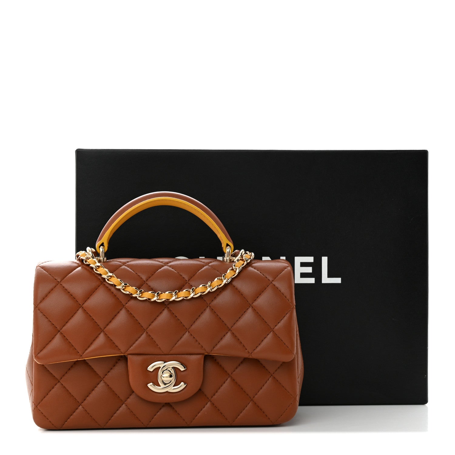 Chanel Lambskin Quilted Bi-Color Mini Top Handle Rectangular Flap Light Brown Yellow 11 of 11