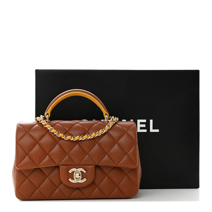 Chanel Lambskin Quilted Bi-Color Mini Top Handle Rectangular Flap Light Brown Yellow 11 of 11