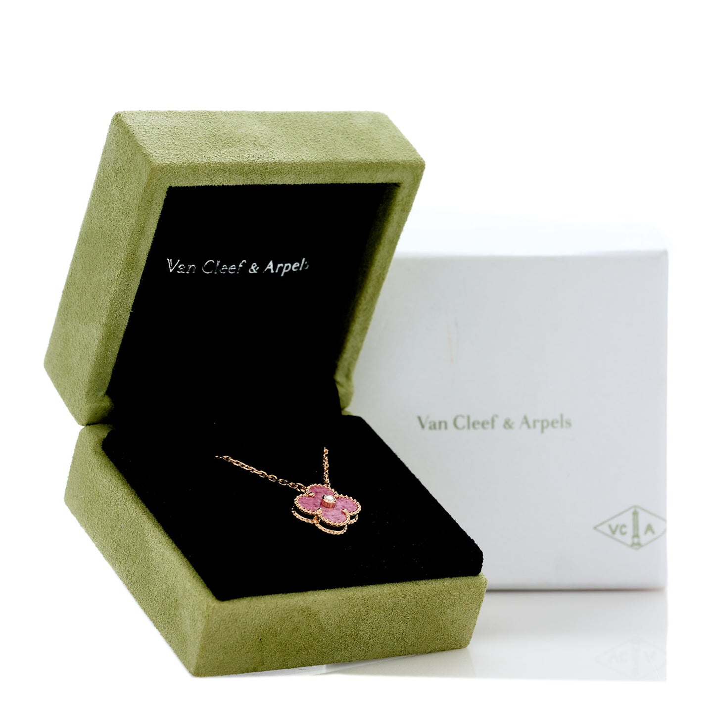 18K Rose Gold Diamond Rhodonite Vintage Alhambra Pendant Necklace