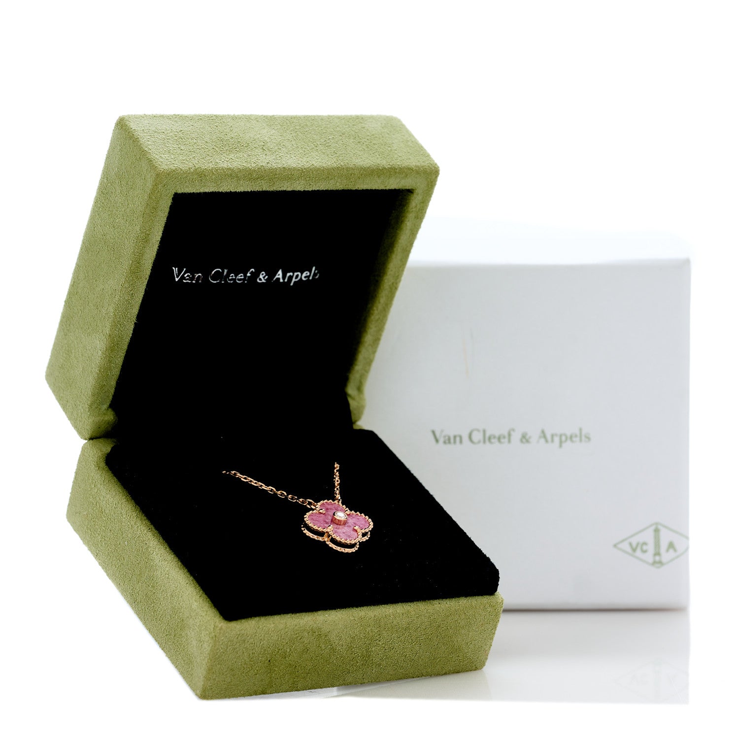 Van Cleef & Arpels 18K Rose Gold Diamond Rhodonite Vintage Alhambra Pendant Necklace 5 of 5