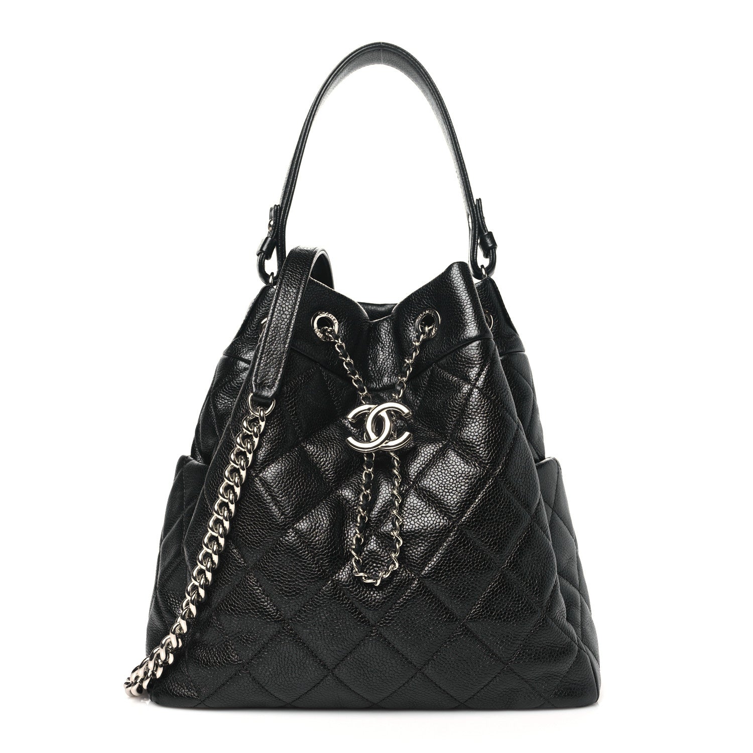 Chanel Caviar Flat Quilted CC Chain Bucket Drawstring Bag Black 1 of 10