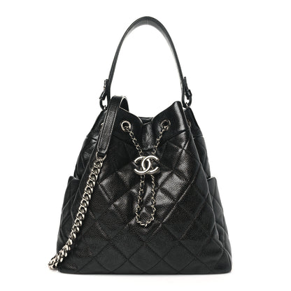Chanel Caviar Flat Quilted CC Chain Bucket Drawstring Bag Black 1 of 10