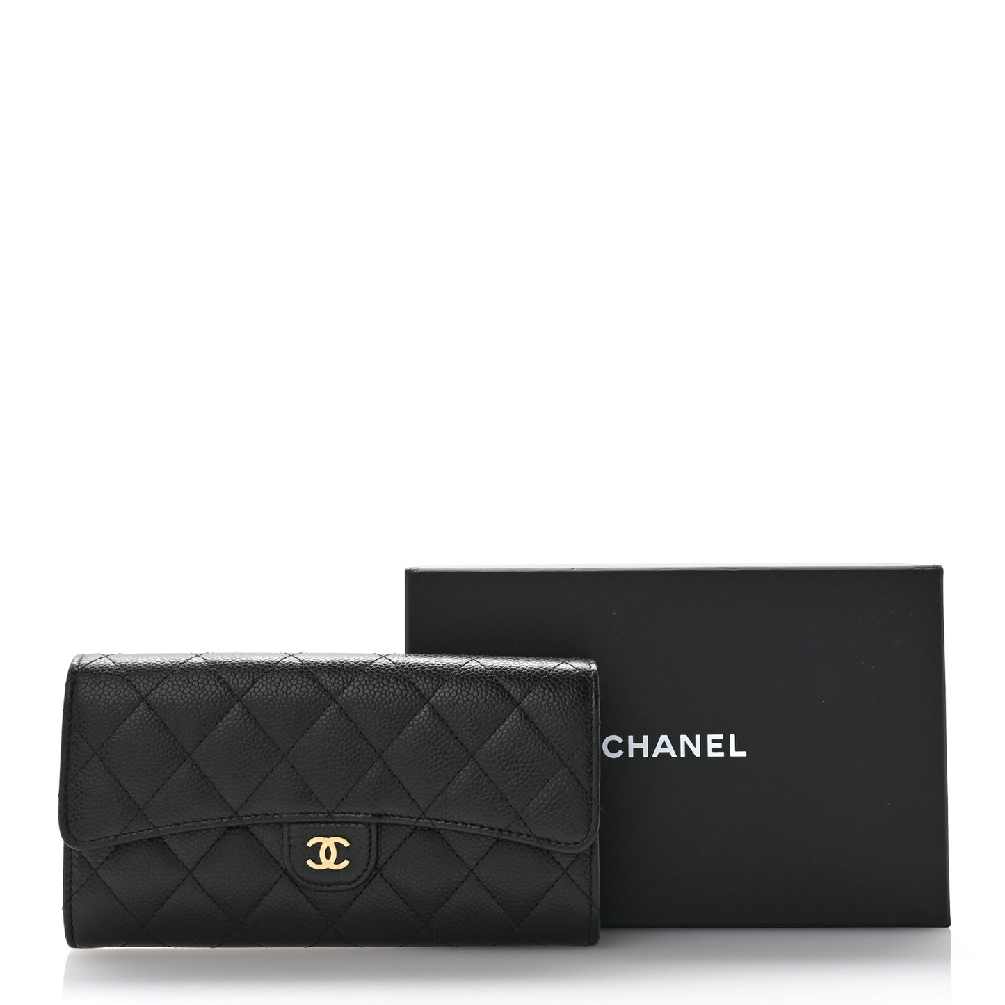 Caviar Quilted Large Gusset Flap Wallet Black