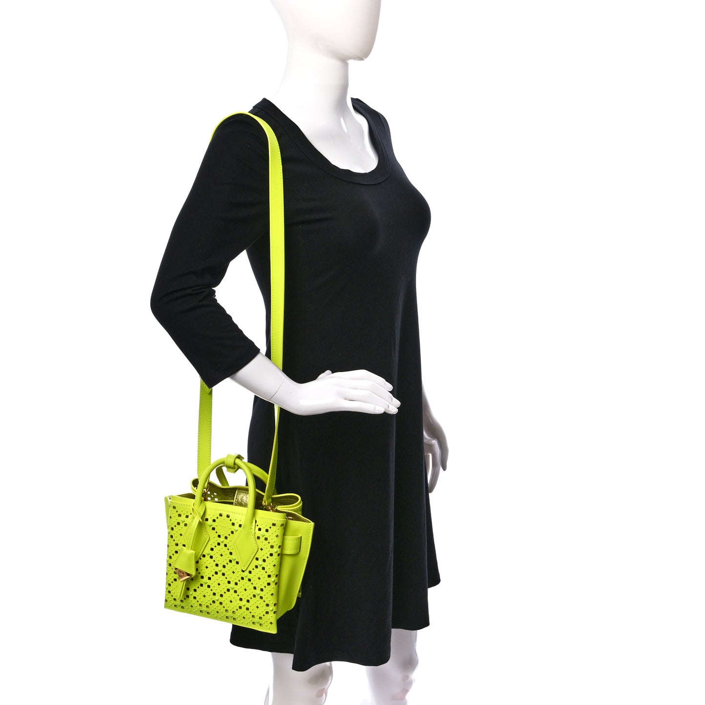 Perforated Calfskin Studded Mini Milla Tote Neon Yellow