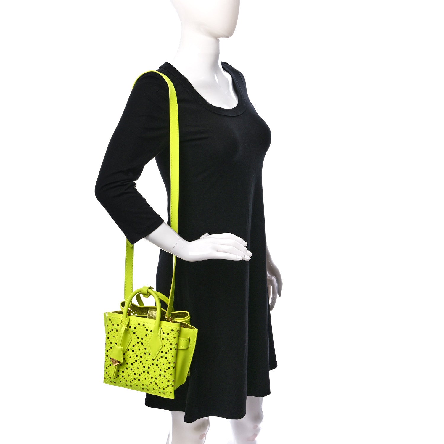 MCM Perforated Calfskin Studded Mini Milla Tote Neon Yellow 2 of 8
