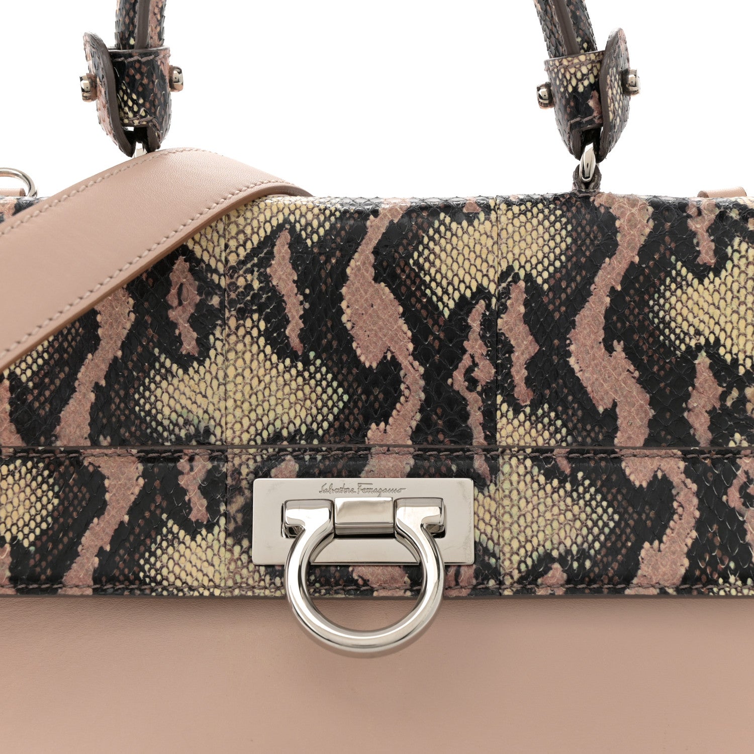 Salvatore Ferragamo Calfskin Snakeskin Medium Sofia Satchel Beige Brown Multicolor 7 of 17