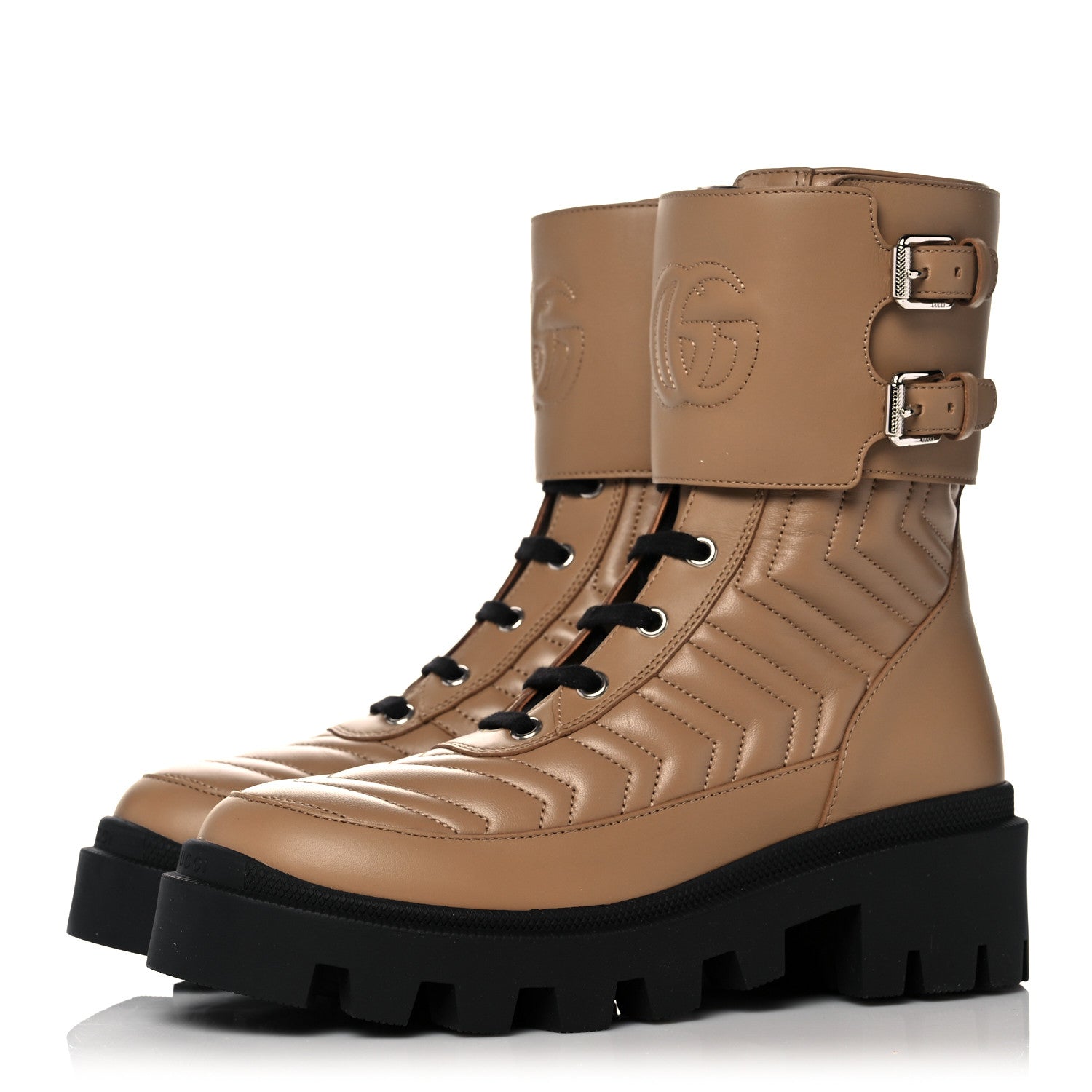 Gucci Nappa Frances GG Matelasse Platform Combat Boots 36 Natural Tan 3 of 8