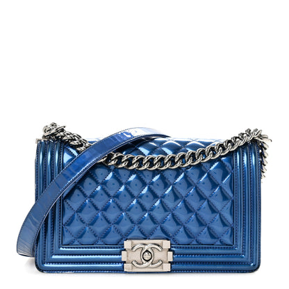 Chanel Metallic Patent Quilted Medium Boy Flap Blue 1 of 15