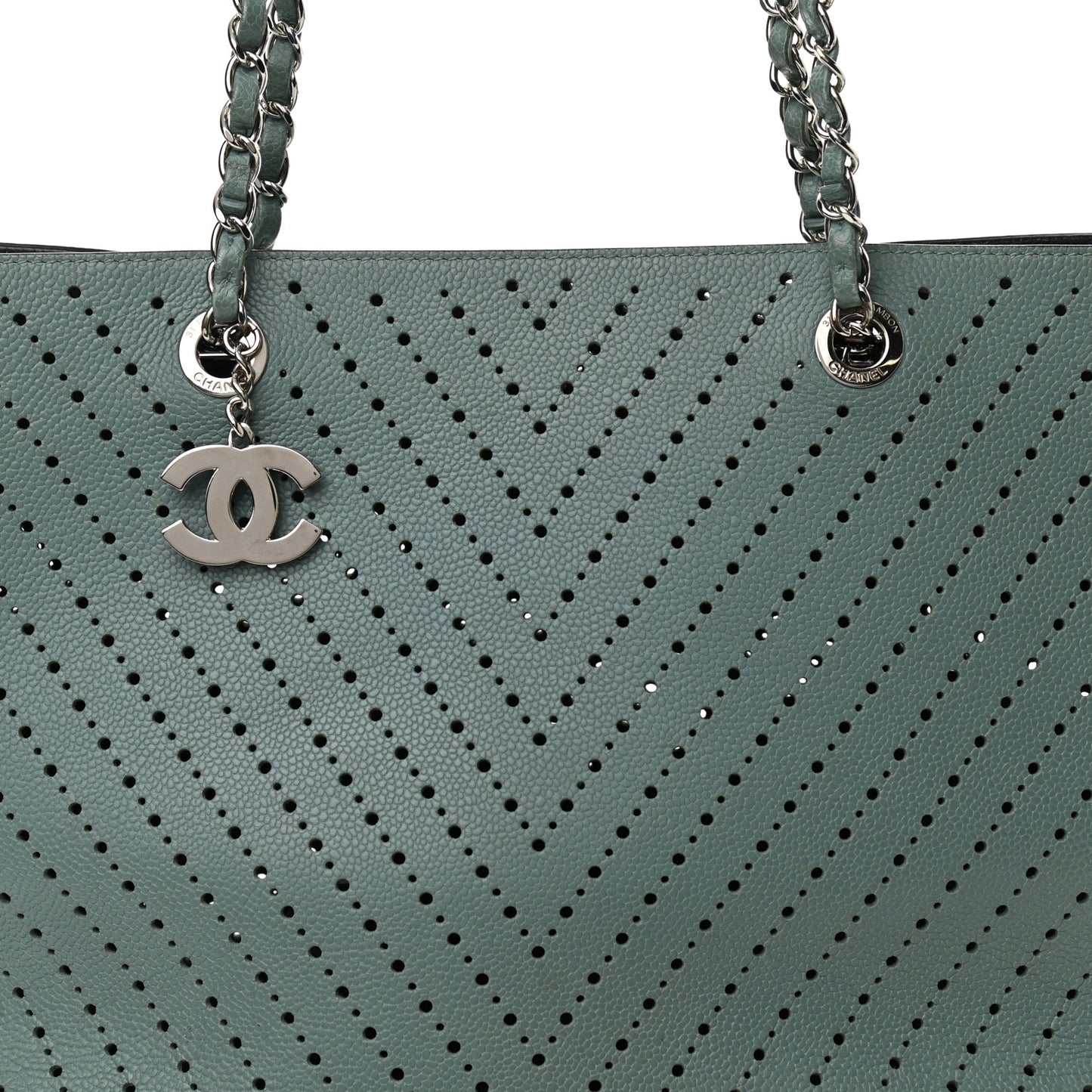 Perforated Grained Calfskin Small Shopping Tote Green