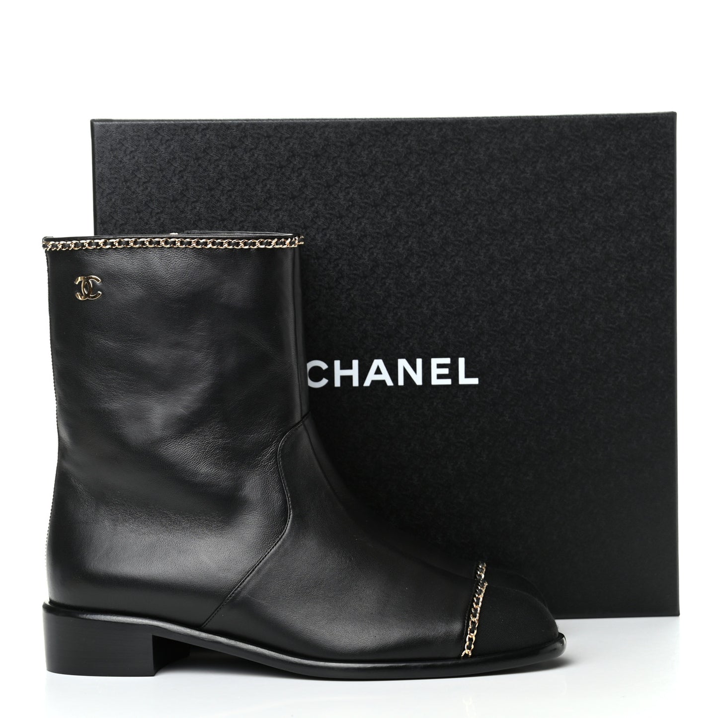 Lambskin Grosgrain Cap Toe Chain Short Boots 39.5 Black