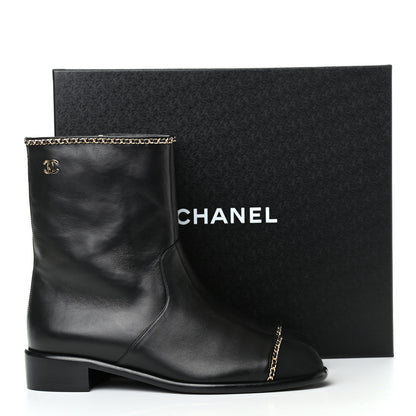 Chanel Lambskin Grosgrain Cap Toe Chain Short Boots 39.5 Black 9 of 9