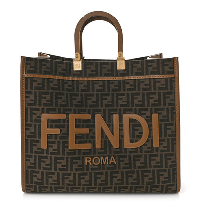 Fendi Fabric Jacquard FF 1974 Logo Large Sunshine Shopper Tote Tobacco Moro Sand 1 of 14