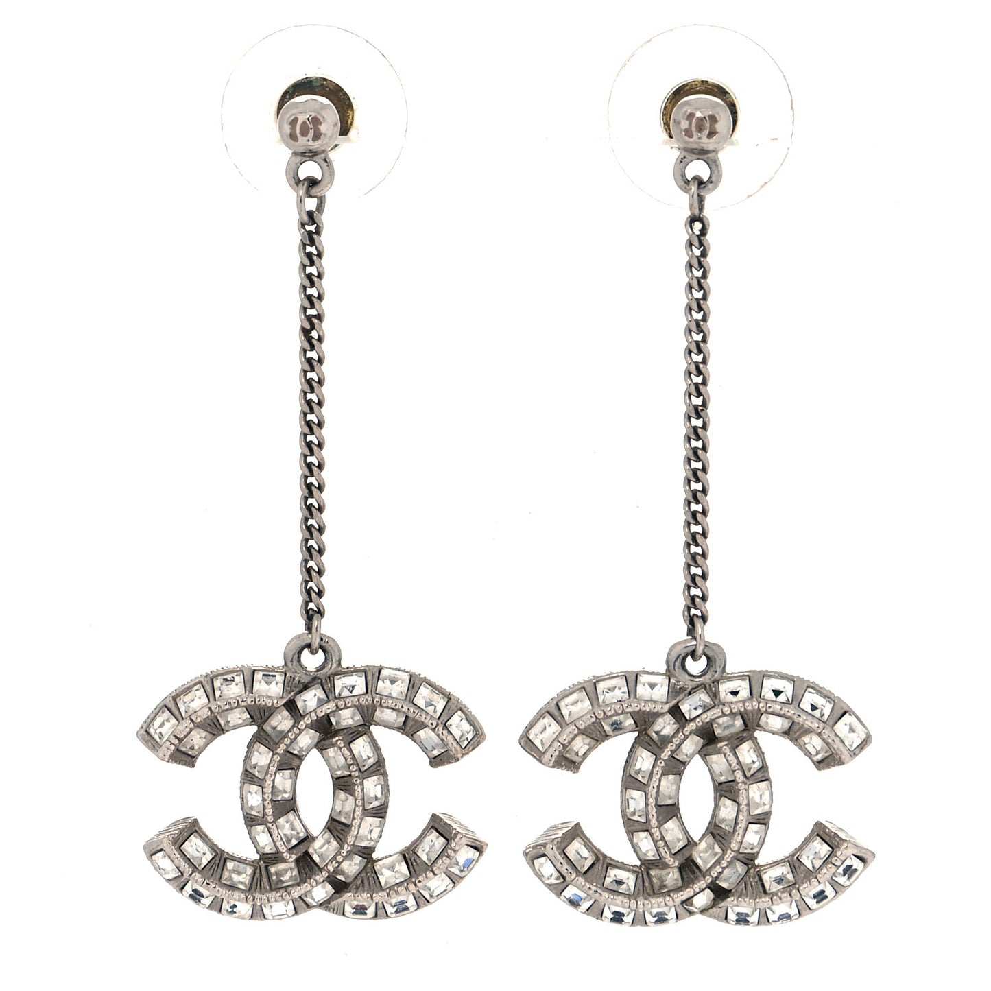 Baguette Crystal CC Drop Earrings Silver