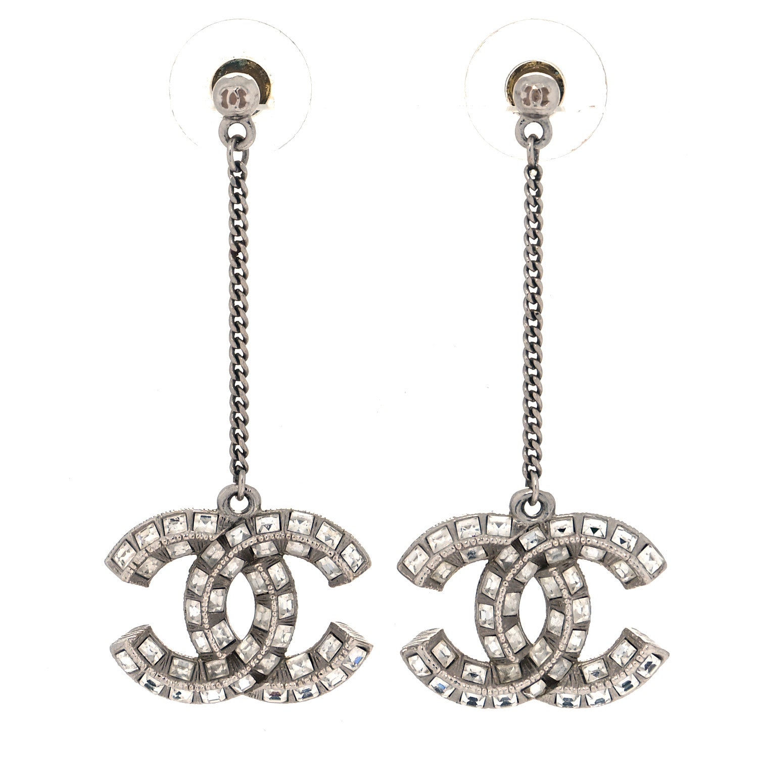 Chanel Baguette Crystal CC Drop Earrings Silver 1 of 4