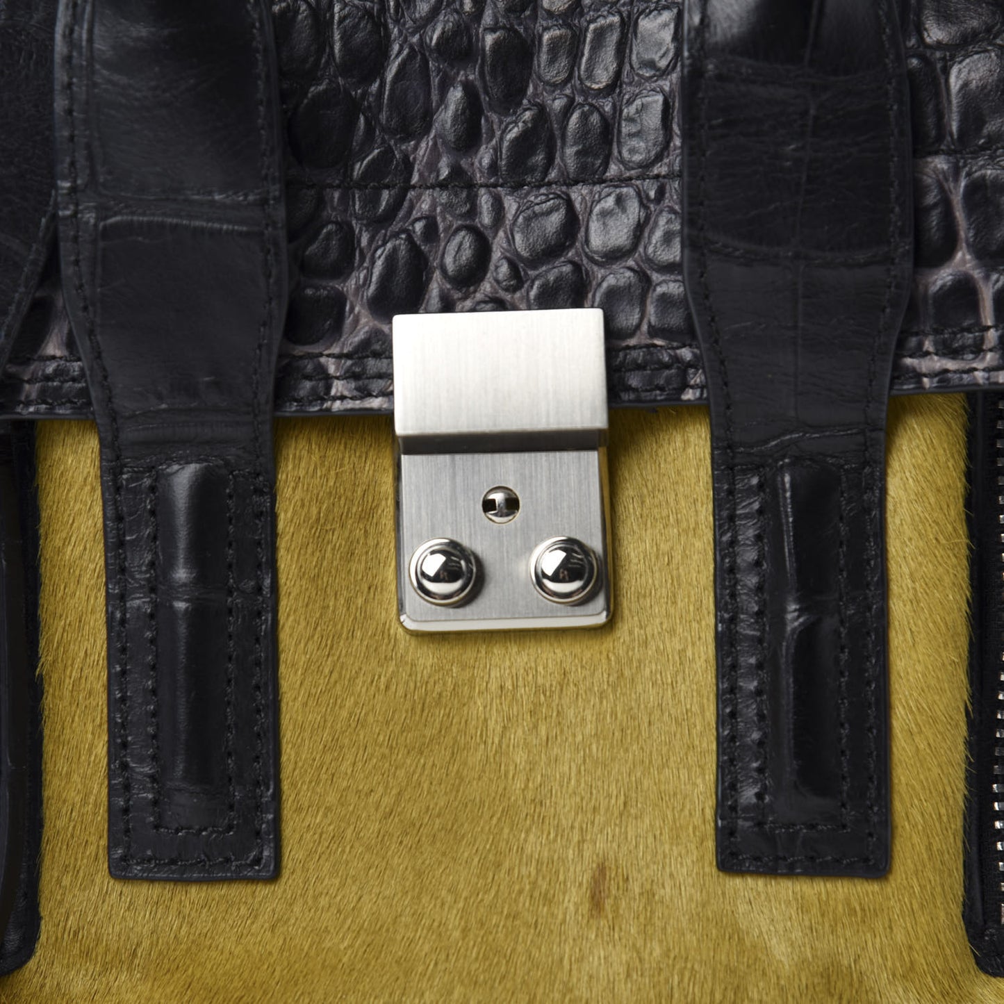 3.1 Calf Hair Calfskin Crocodile Embossed Mini Pashli Satchel Antique Grey Olive