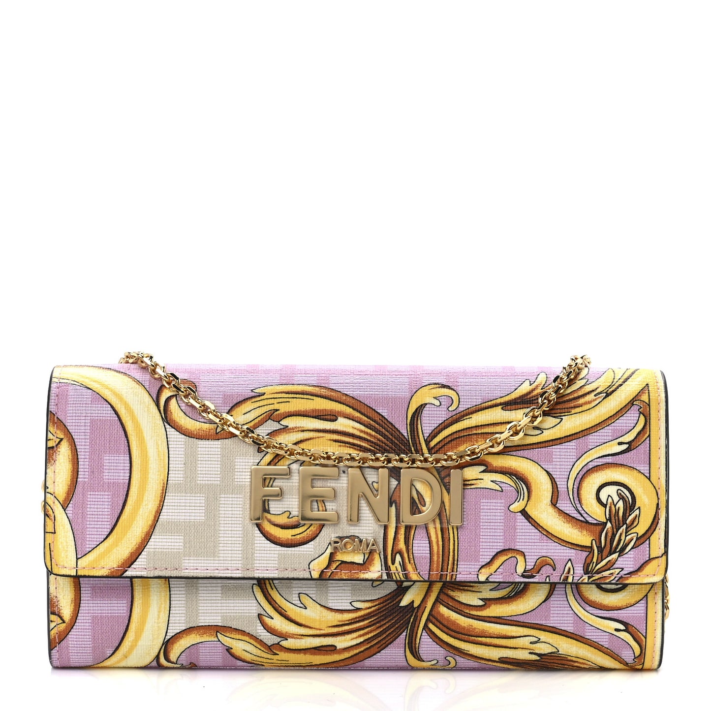 X VERSACE Glazed Fabric Fendace FF Baroque Continental Wallet On Chain Gold White Rosa