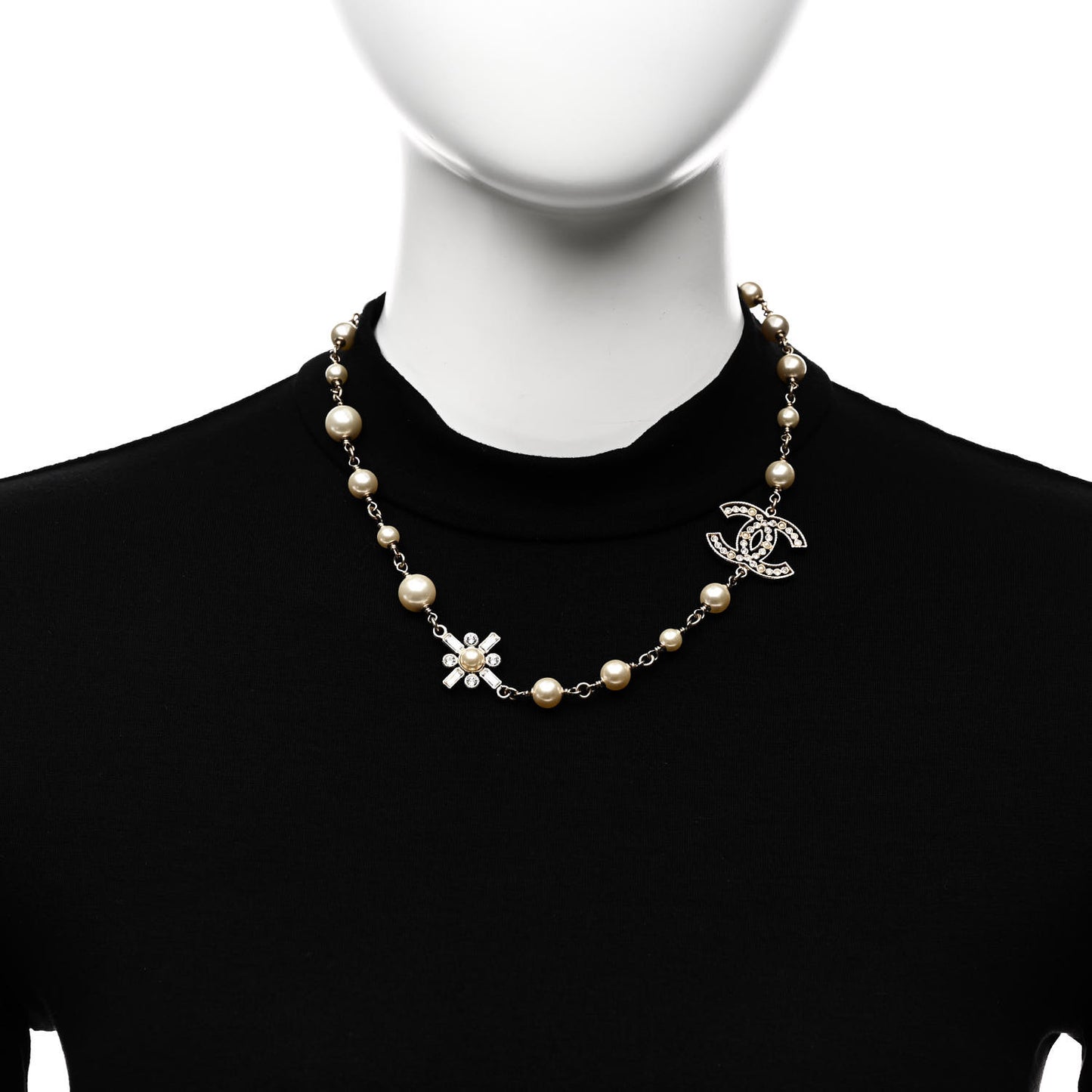 Crystal Baguette Pearl CC Cross Short Necklace Gold