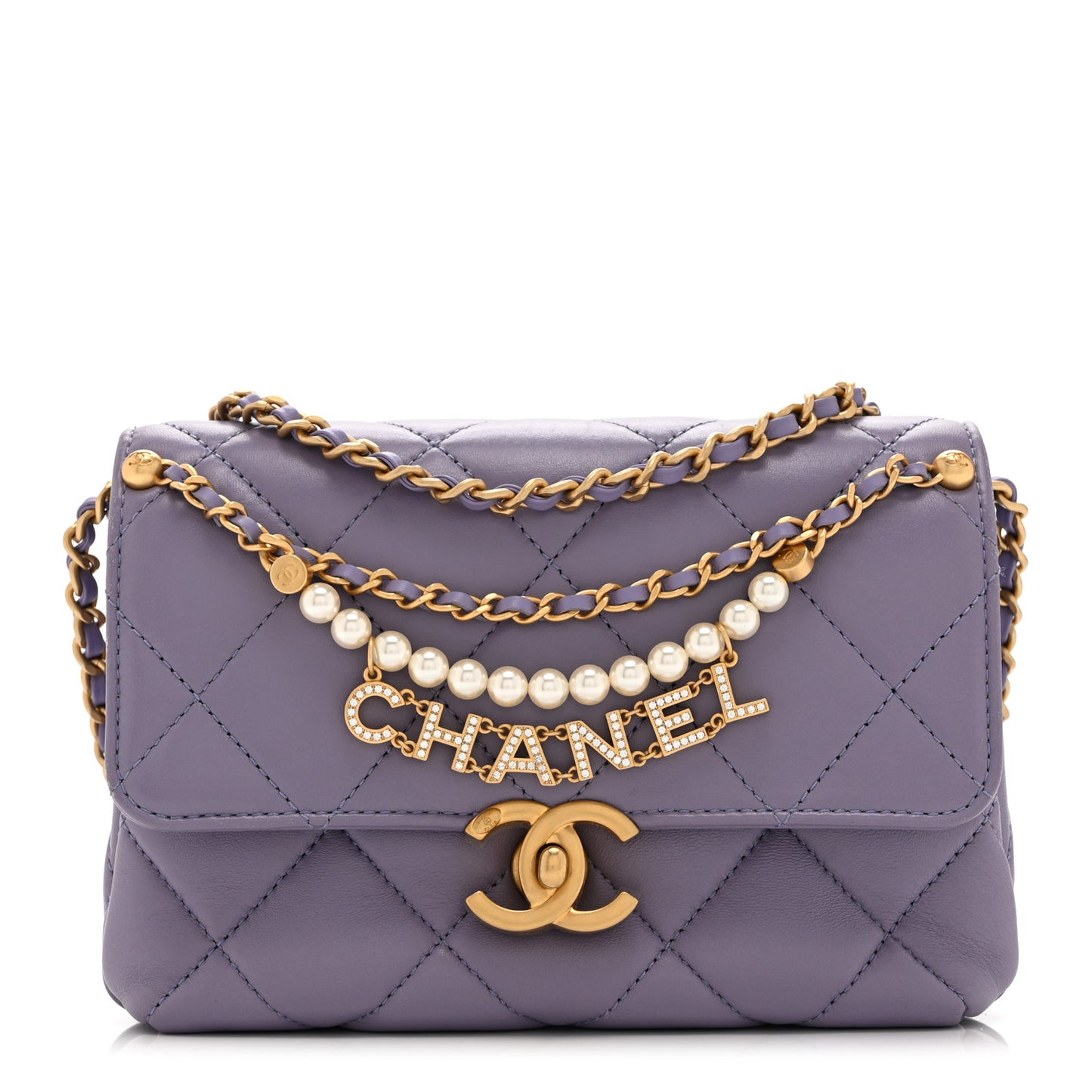 Shiny Lambskin Quilted Mini Pearl Logo Flap Light Purple