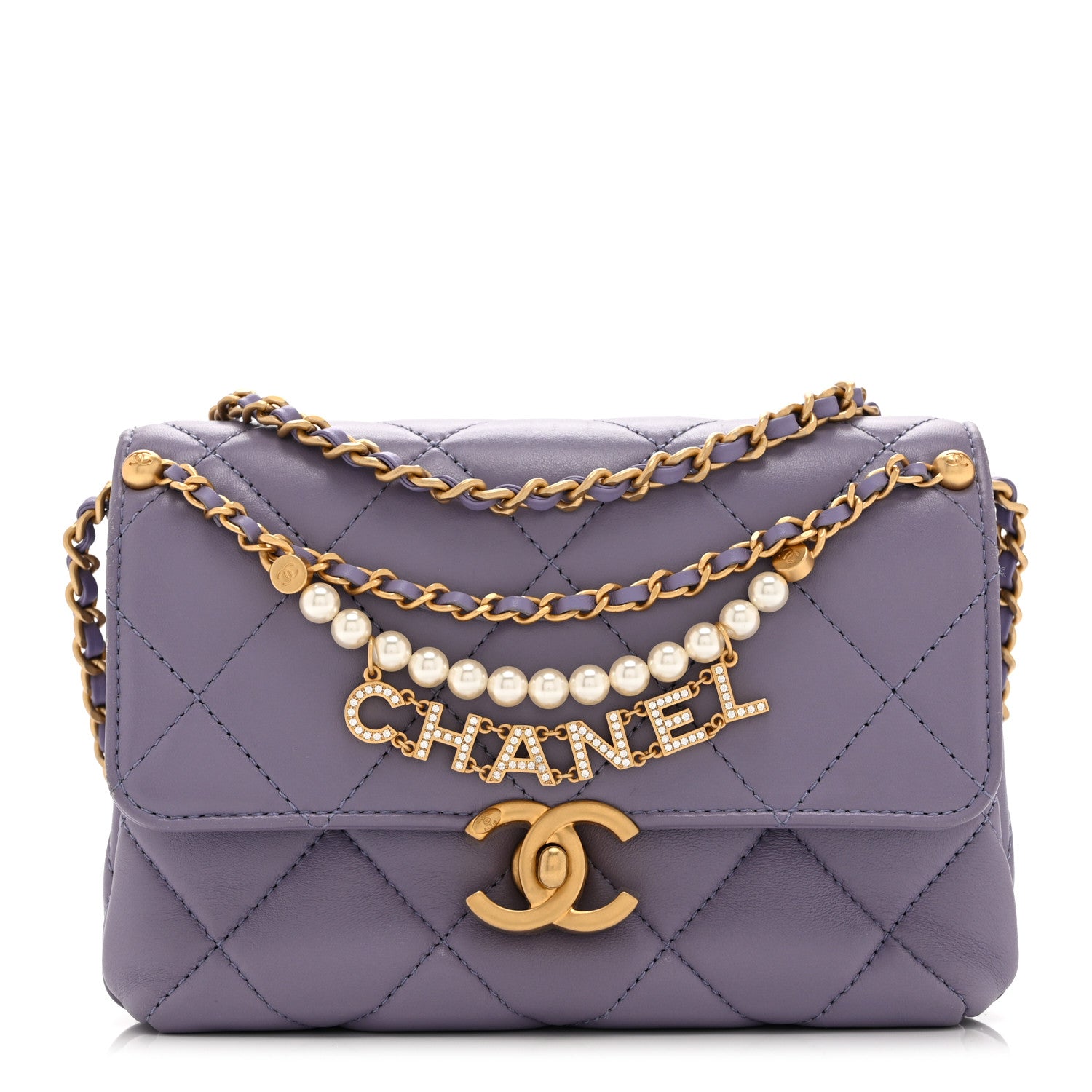 Chanel Shiny Lambskin Quilted Mini Pearl Logo Flap Light Purple 1 of 10