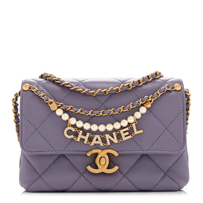 Chanel Shiny Lambskin Quilted Mini Pearl Logo Flap Light Purple 1 of 10