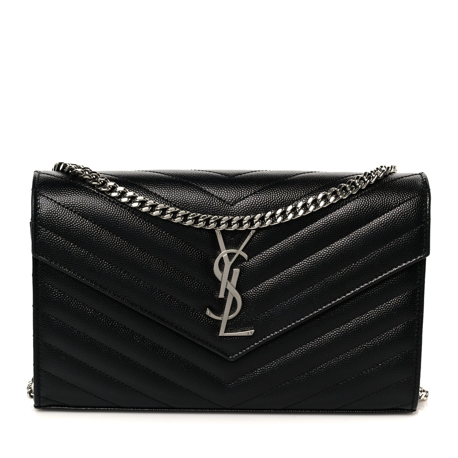Saint Laurent Grain De Poudre Matelasse Chevron Monogram Chain Wallet Black 7 of 10