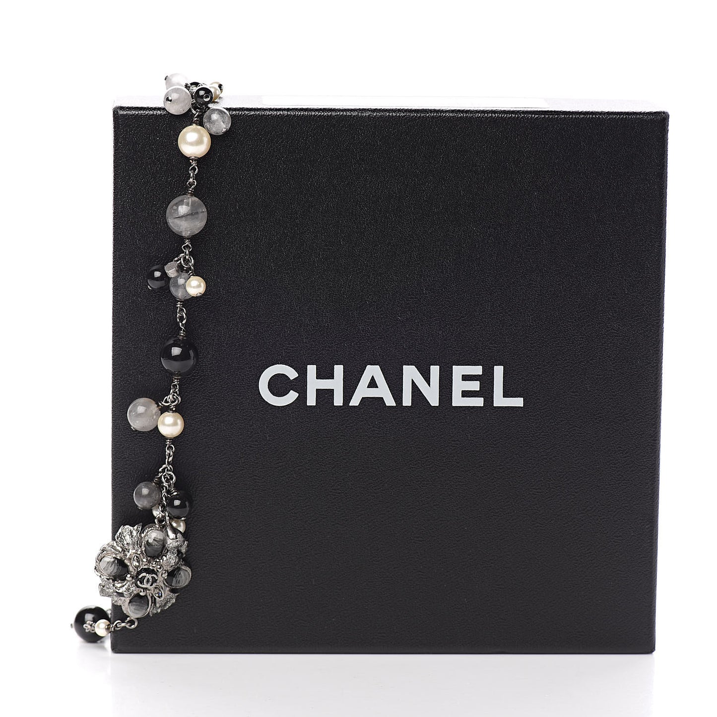 Pearl Crystal Bead CC Long Necklace Black
