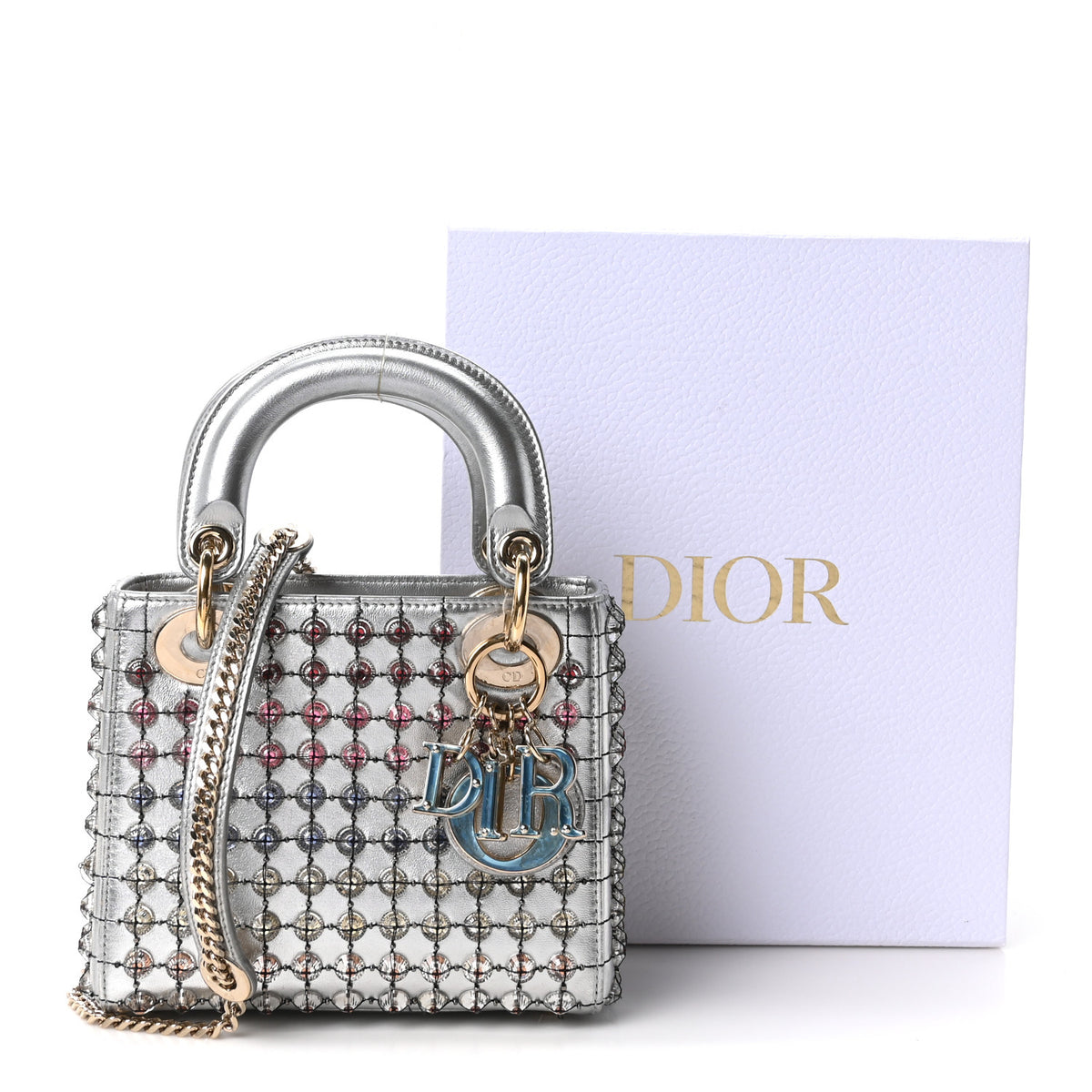 Christian Dior Metallic Calfskin Satin Celestial Bead Embroidery Cannage Mini Lady Dior Silver 19 of 19