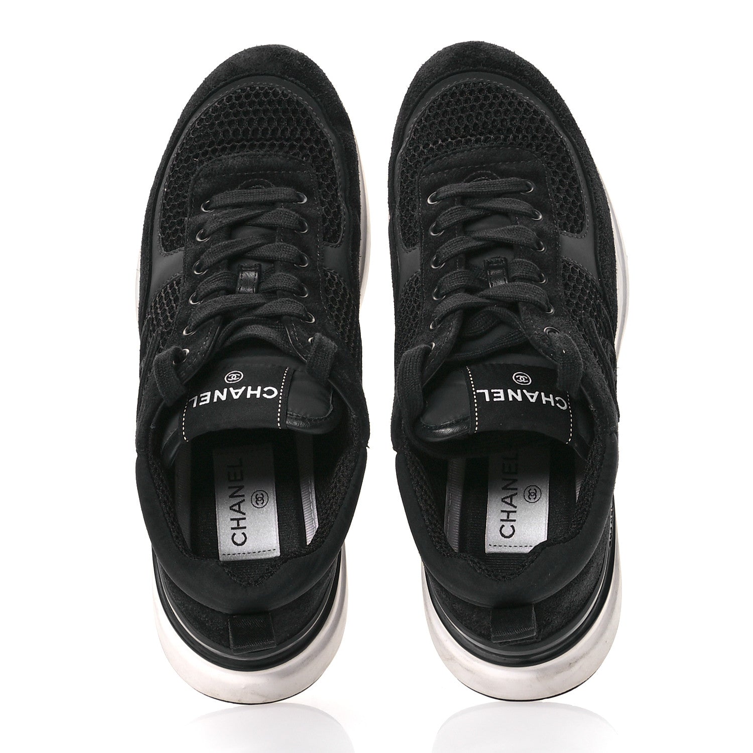 Chanel Calfskin Mesh Lycra Suede Womens Logo Sneakers 39 Black