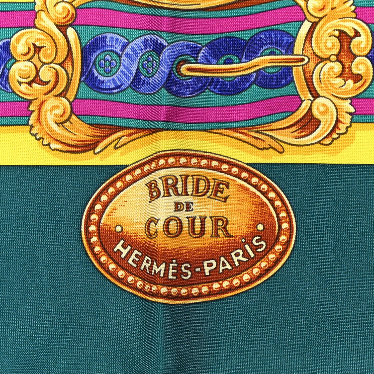 Hermes Silk Bride De Cour Scarf 90 Canard Jaune Vif Fuchsia 2 of 5