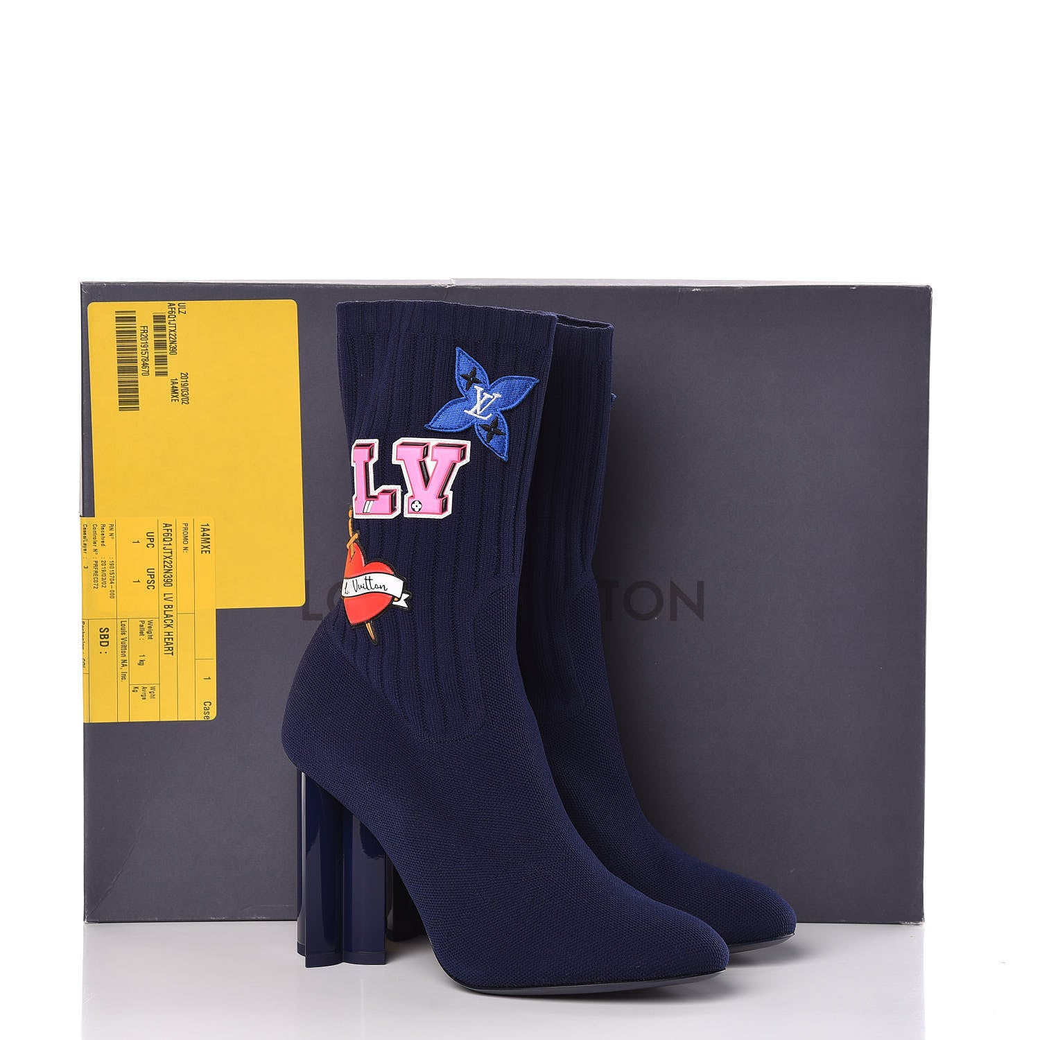 Louis Vuitton Stretch Fabric LV Black Heart Sock Ankle Boots 39 Marine 9 of 9