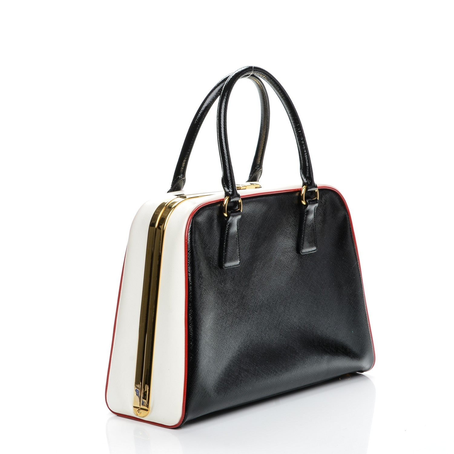 Prada Saffiano Vernice Pyramid Bag Black White Rosso 3 of 7