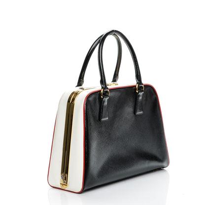 Prada Saffiano Vernice Pyramid Bag Black White Rosso 3 of 7