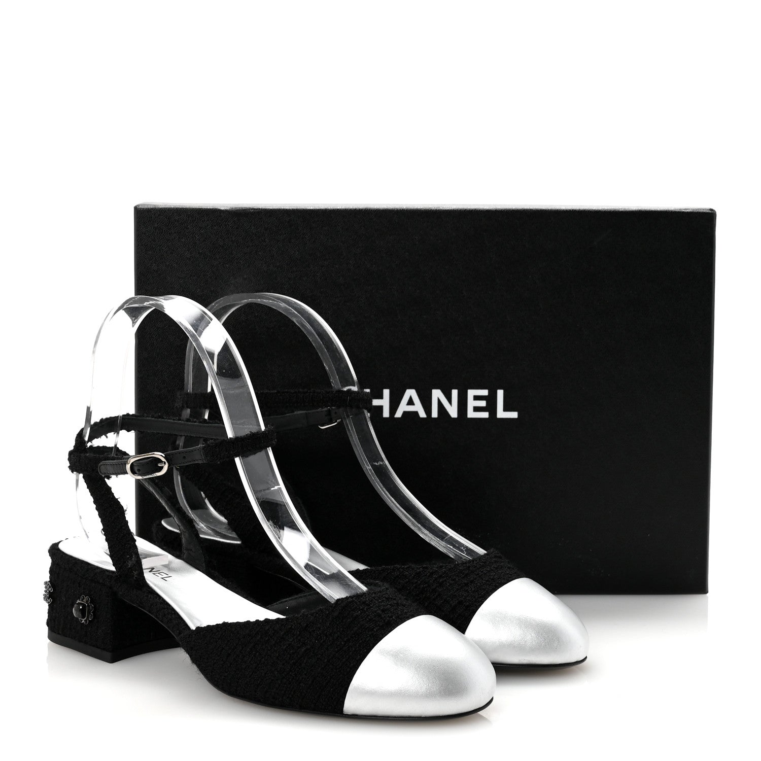 Chanel Tweed Iridescent Calfskin Cap Toe CC Slingback Pumps 37 Black Silver 10 of 10